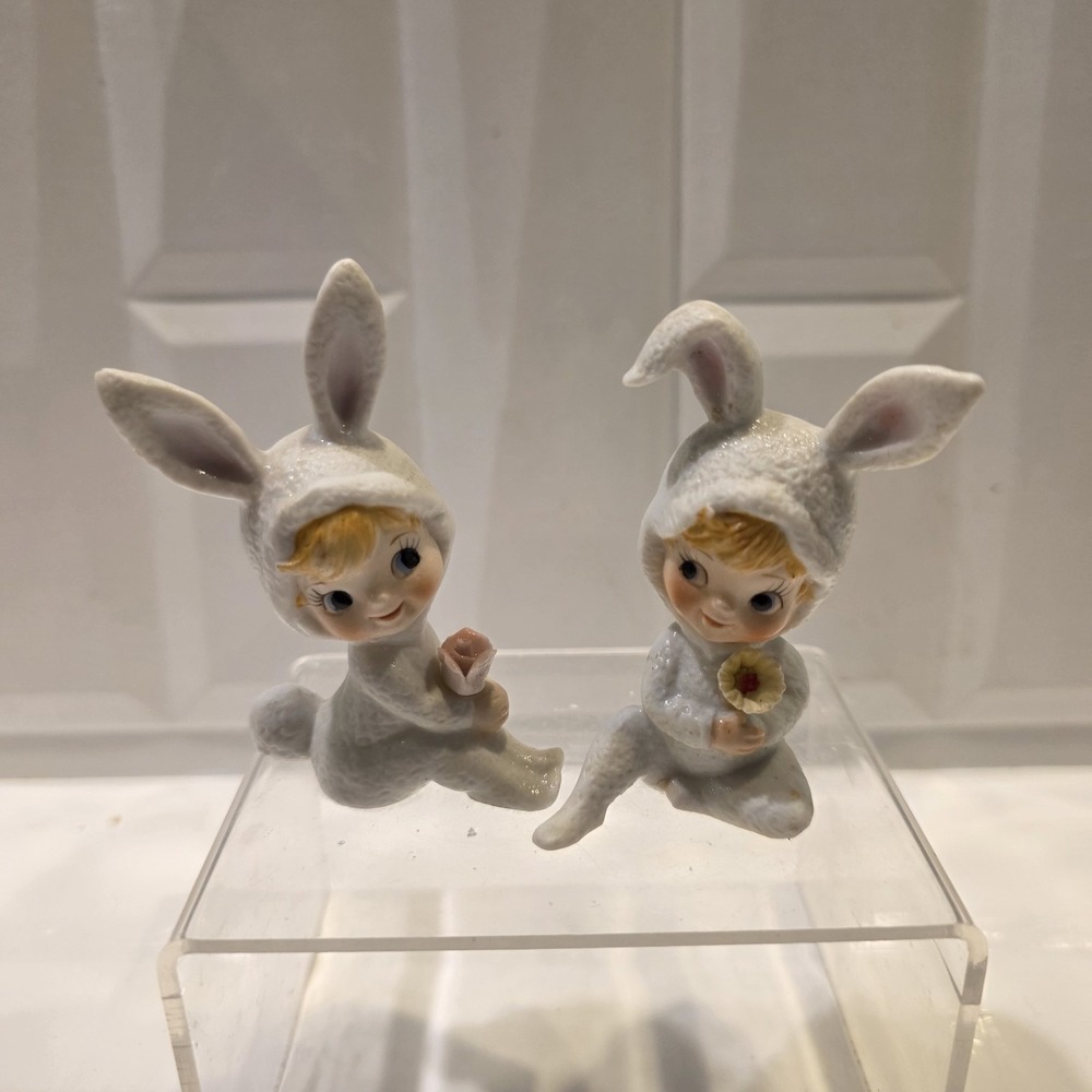 Lefton Little Girls In Bunny Suit Figurines Holding Flowers Vintage Japan Bisque